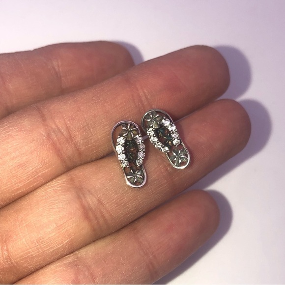 VTG Sterling & Cz Stone Sandal Thong Slipper Floral Plumeria Hibiscus Studs 20mm - Picture 4 of 6